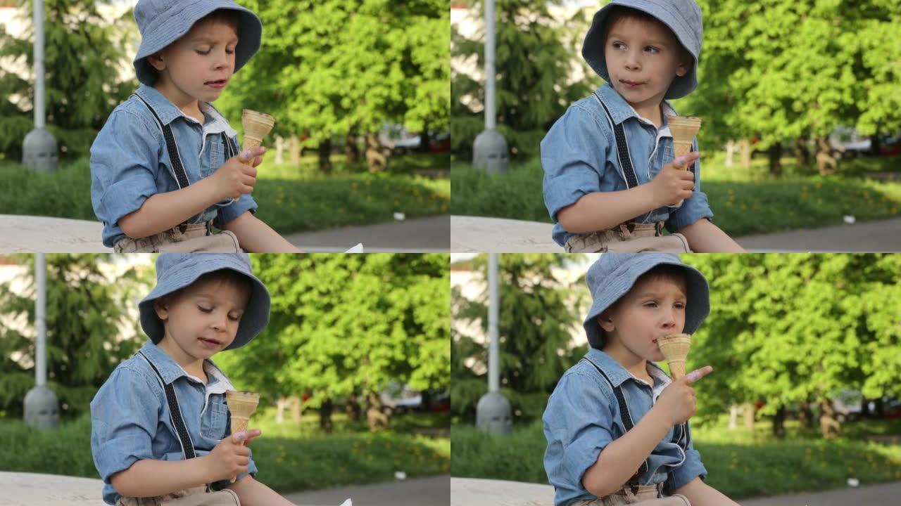 可爱的蹒跚学步的孩子，在公园的户外吃冰淇淋，他周围的春天的花朵，花园里的喷泉