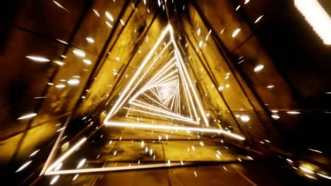 飞过无尽的发光隧道。用金色发光六边形建造。超环。3d渲染插图。设计的背景图案。循环视频。