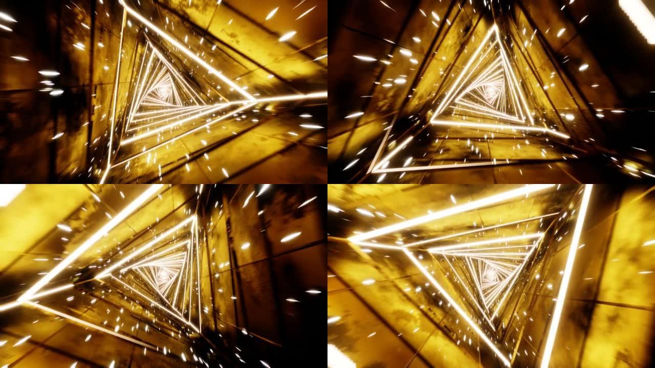 飞过无尽的发光隧道。用金色发光六边形建造。超环。3d渲染插图。设计的背景图案。循环视频。