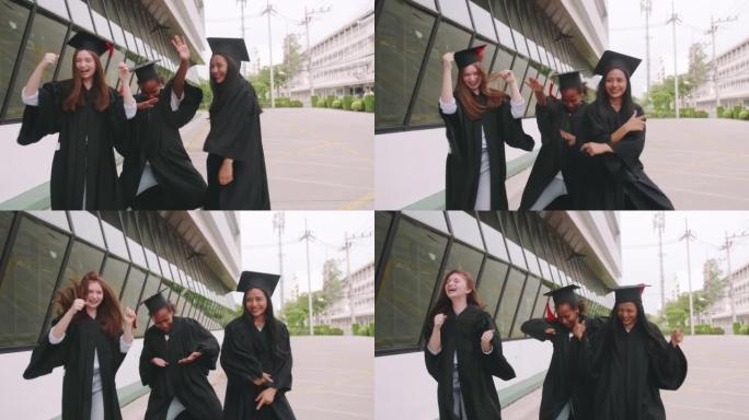 一群朋友一起跳舞庆祝毕业。