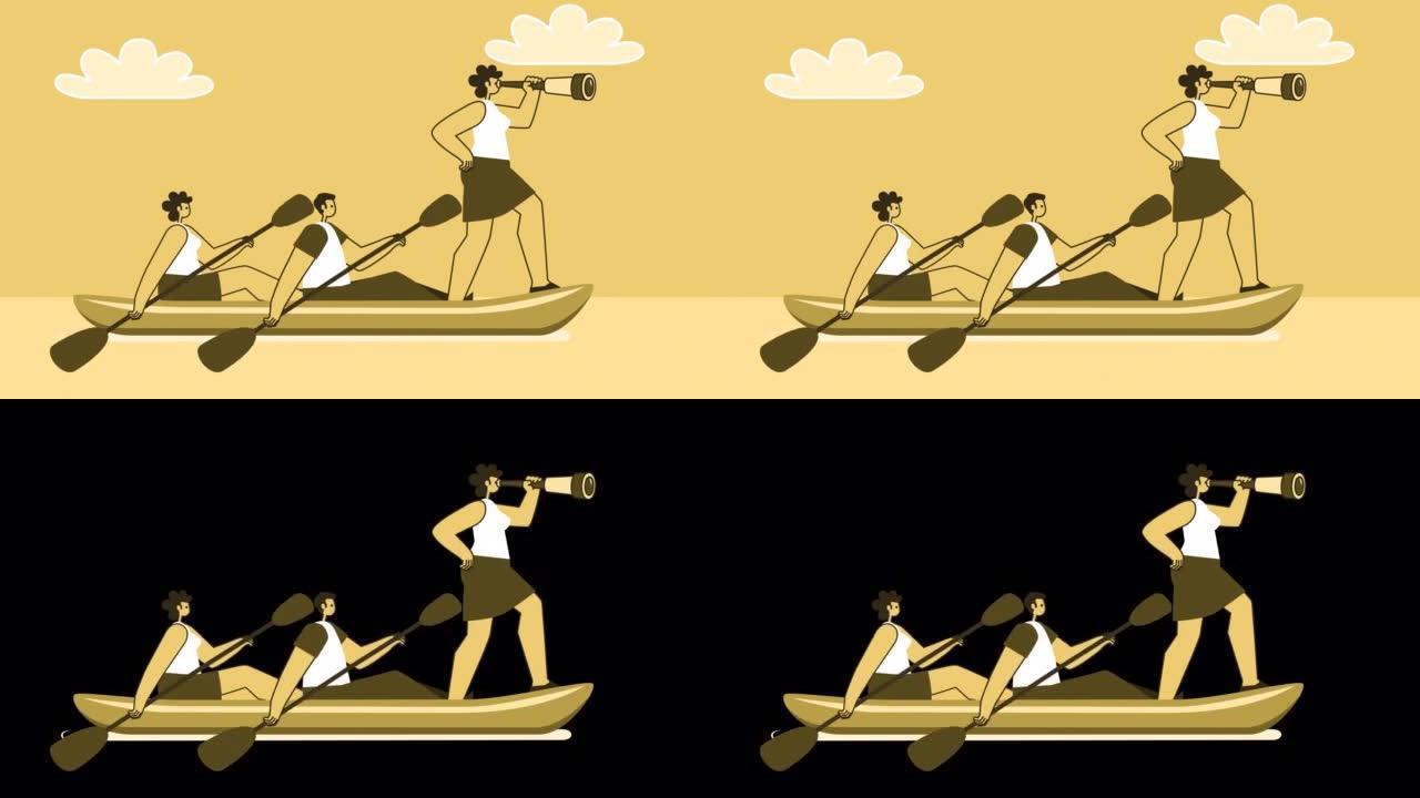 黄色风格的人与女船长在皮划艇上航行。带有Alpha通道的孤立循环动画