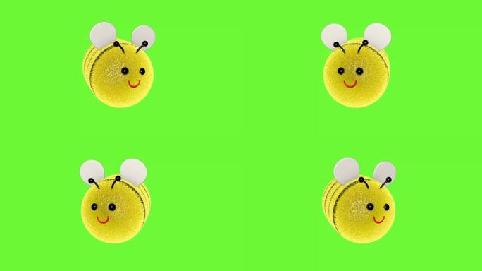 绿屏上的3D卡通蜜蜂，蜜蜂飞翔，3D动画。色度键。我的狗踩到了一只蜜蜂