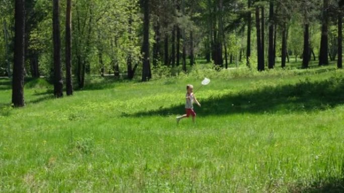 可爱的小女孩在阳光明媚的夏日用她的勺子网走路和抓蝴蝶