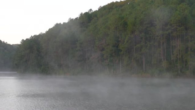 雾气弥漫的水库湖的晨景