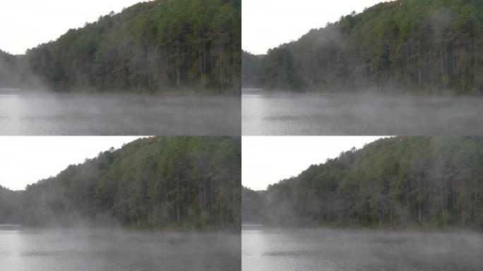 雾气弥漫的水库湖的晨景