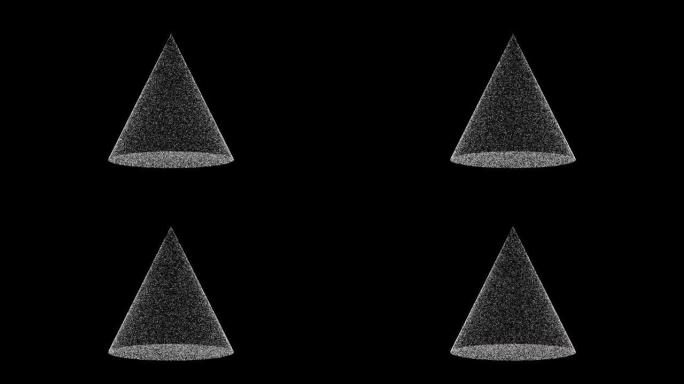 3D白色圆锥在黑色背景上旋转。由闪烁粒子组成的物体60 FPS。科学教程概念。标志、标题、演示文稿的