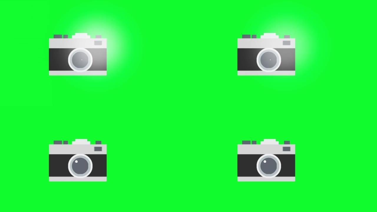 2d相机动画。数码相机DSLR绿屏卡通动画视频。相机点击并闪烁。