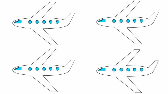 动画黑线飞机飞过天空。旅行的概念。循环视频。孤立在白色背景上的平面矢量插图。