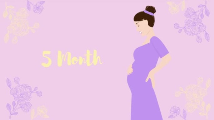 怀孕九个月，动画。孕妇从头到尾都希望成为母亲。九个怀孕状态。怀孕期间的动画随着肚子的增长