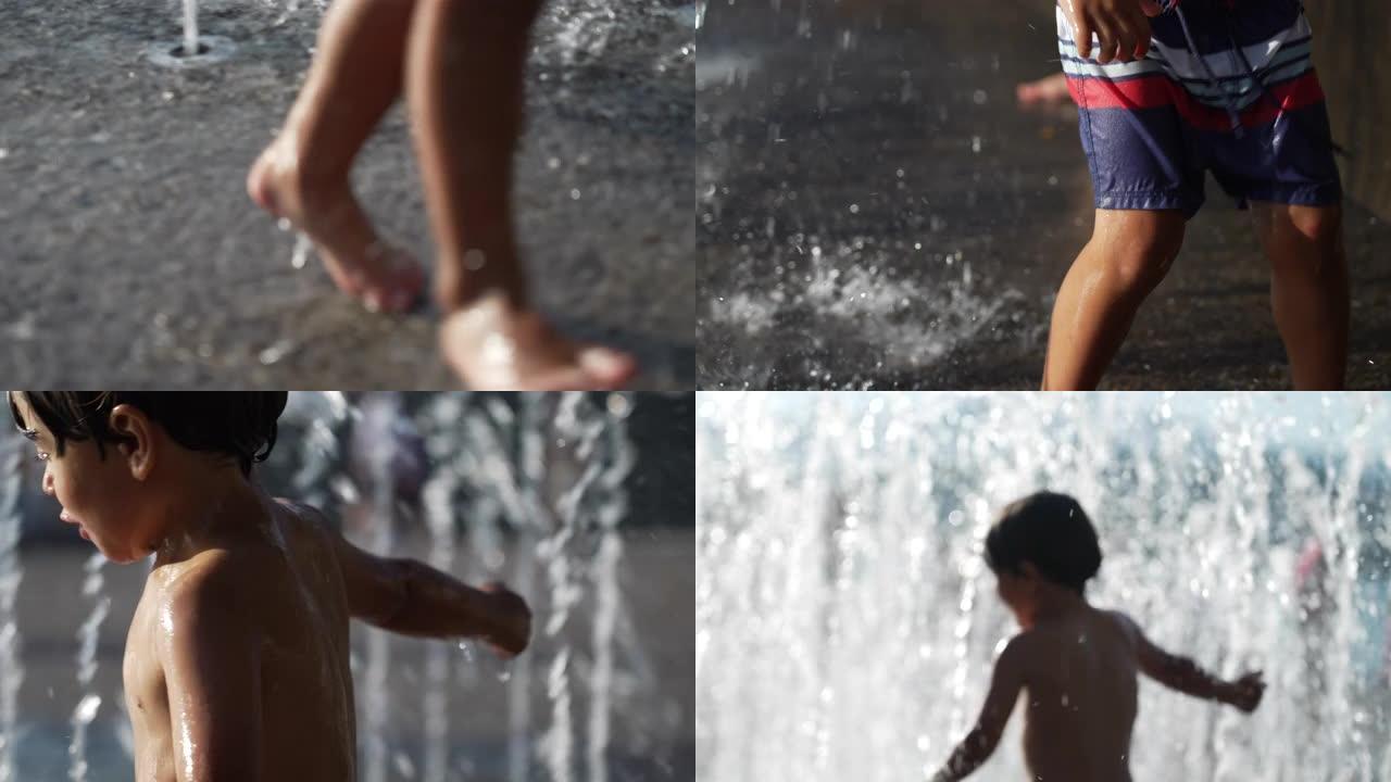 在水上公园喷气式飞机上奔跑的模糊小男孩。在炎热的夏日里，孩子们在清爽的水中玩得开心