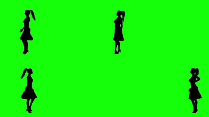 绿色屏幕上的女孩剪影走秀