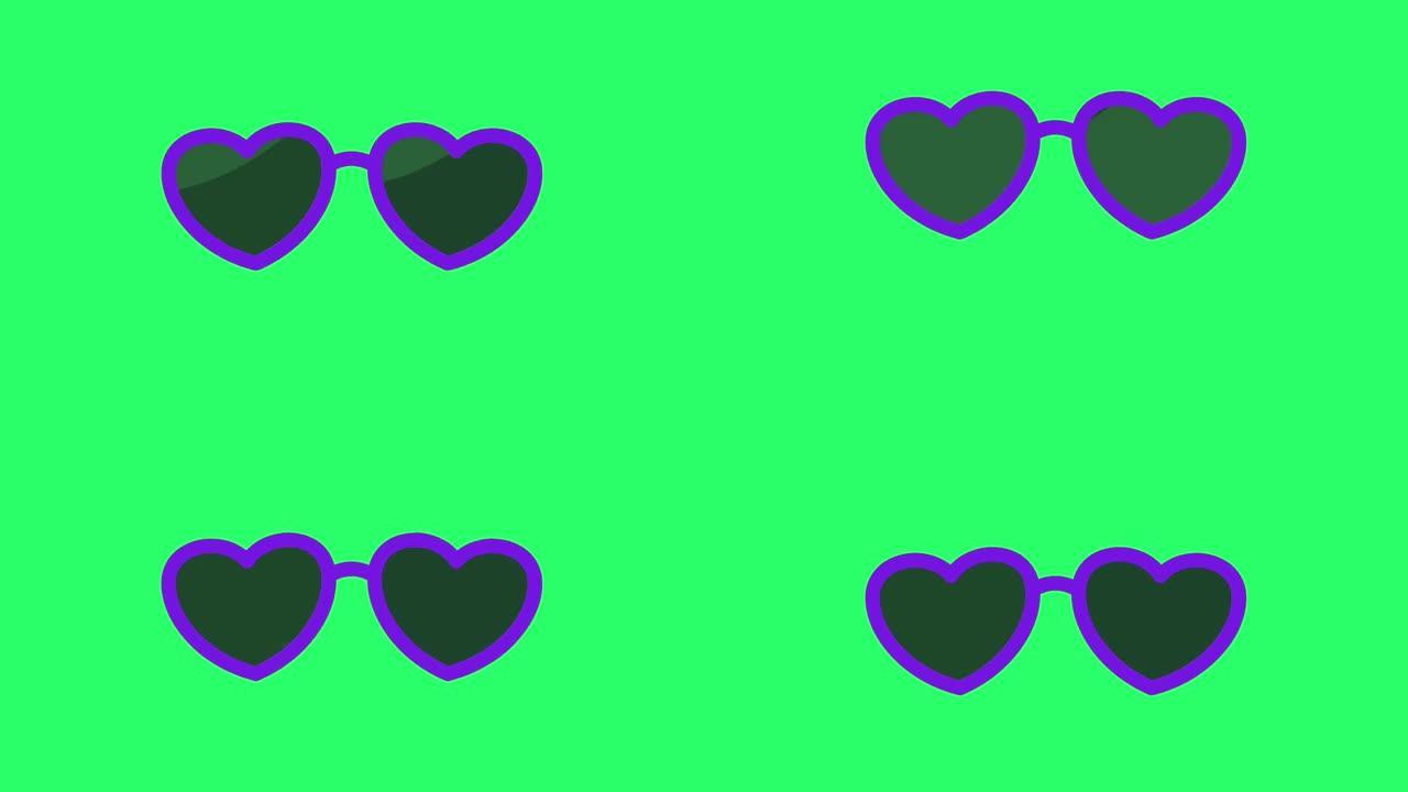 动画蓝色黑色眼镜隔离在绿色背景上。