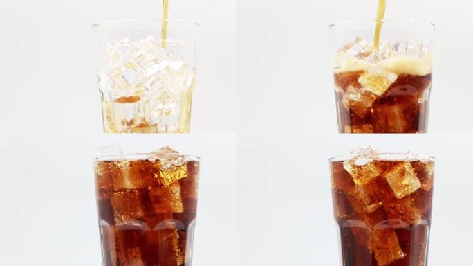 用冰块倒可乐特写。