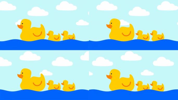 鸭子动画。鸭子妈妈正在和她的小鸡一起游泳。卡通鸭子。4k视频循环动画。