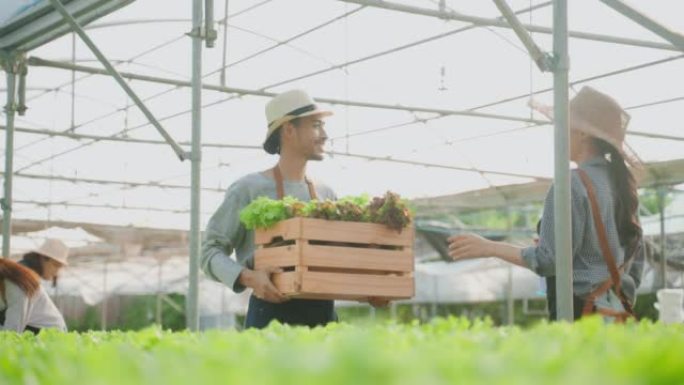 亚洲美女农民在蔬菜水培绿色农场工作。迷人的女农业工作者拿着一篮子沙拉，带着幸福走在温室里。农业经营理