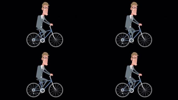 卡通优雅商人角色骑自行车动画与阿尔法频道
