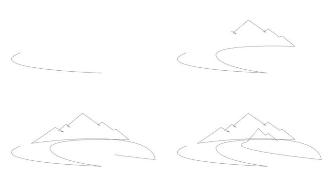 河流山地景观自绘动画。简约的连续单线画。4k。