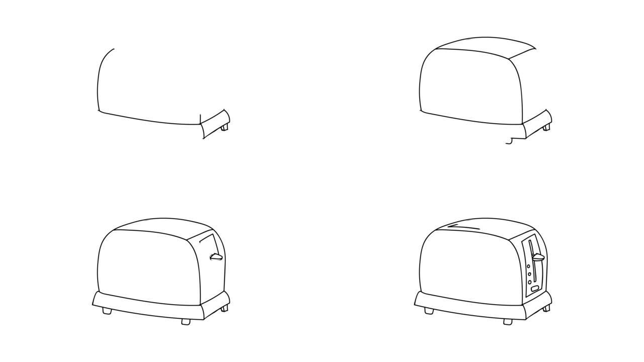 烤面包机图标的涂鸦动画。涂鸦烤面包机插图的绘图视频。白色背景上的烤面包机涂鸦视频