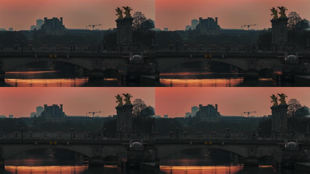 法国巴黎，延时-日出时亚历山大桥三桥的特写