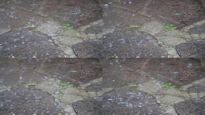 雨水滴落在鹅卵石上，植物在春季暴风雨中形成水坑-特写效果，带有忧郁和悲伤的感觉