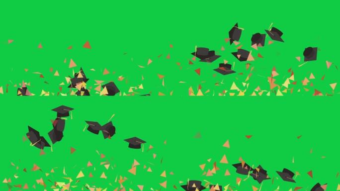 绿屏色度键背景动画视频用五彩纸屑抛向空中的毕业帽