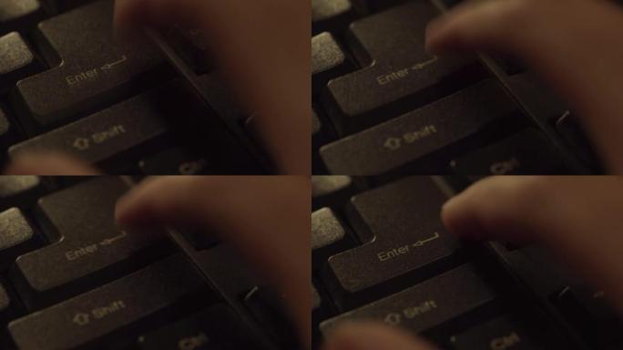 手指按下现代黑色台式电脑键盘上的回车键。按计算机键盘上的Enter键。极端特写细节接受发送聊天消息简