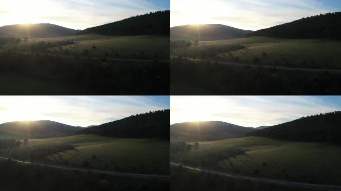 Zlatibor地区美丽的日出，白松和山谷的阳光