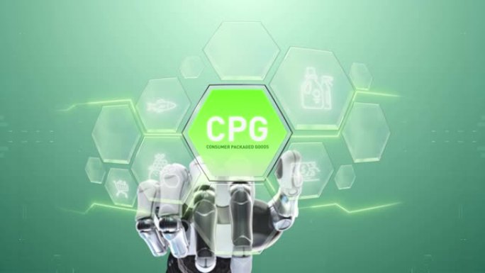 CPG消费包装商品机器人手触摸，触摸未来，界面技术，用户体验的未来，旅程和技术概念，数字屏幕界面