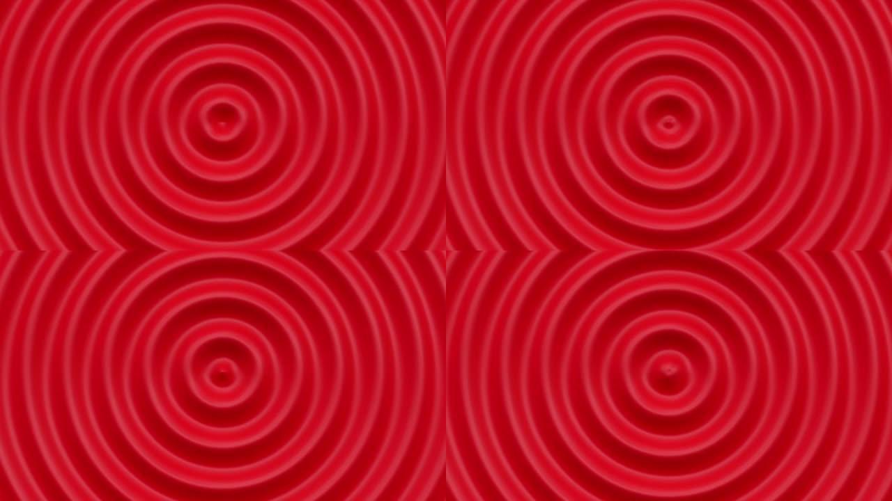 红色明亮的波浪形同心现代圆形径向动态抽象背景，3d渲染无缝循环波纹波，几何环圆形液体壁纸，未来移动圆