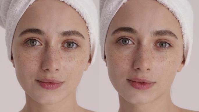 美丽的女人与新鲜健康的皮肤微笑在工作室