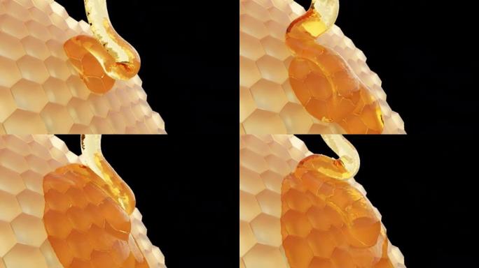 透明的新鲜蜂蜜从蜂窝中流下。没有背景的阿尔法通道动画。