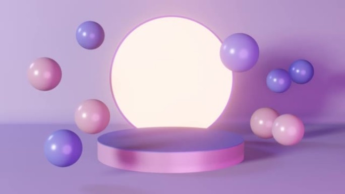 紫色霓虹灯圆柱讲台发光舞台与飞球3d动画4k圆形基座设计几何构图。Abstact最小场景化妆品闪亮展