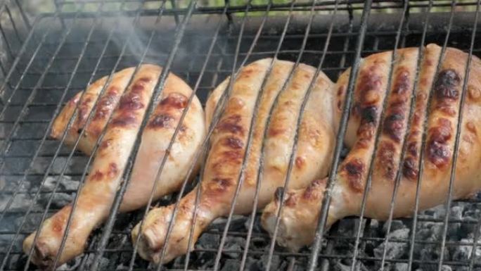 烤架上的Chiken腿。烤鸡肉特写。美味的牛排，热烧烤烤辣椒，烧烤