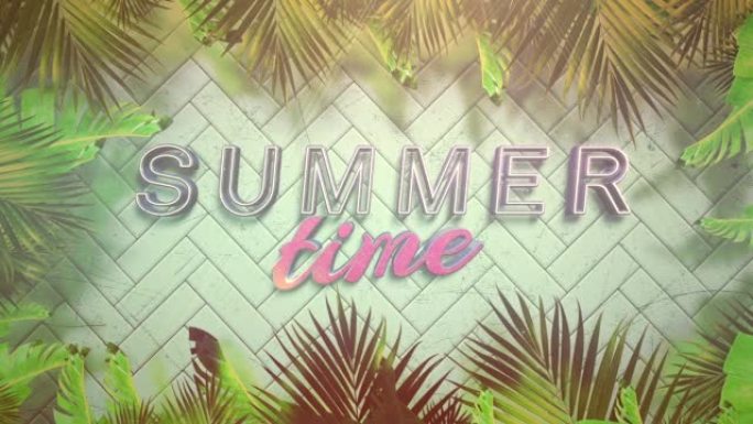 夏天的时间在墙上，有热带棕榈树和霓虹灯文字