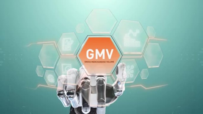 GMV总商品量机器人手触摸，触摸未来，界面技术，用户体验的未来，旅程和技术概念，数字屏幕界面