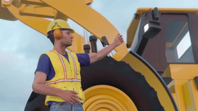 建筑工人安全帽黄色围兜挖掘机反铲重型设备3D动画