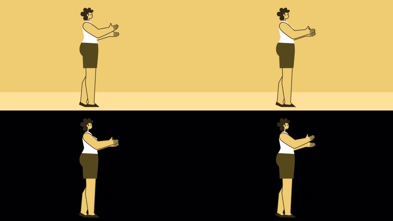 黄色风格的女人平角色鼓掌手势。带有Alpha通道的孤立循环动画
