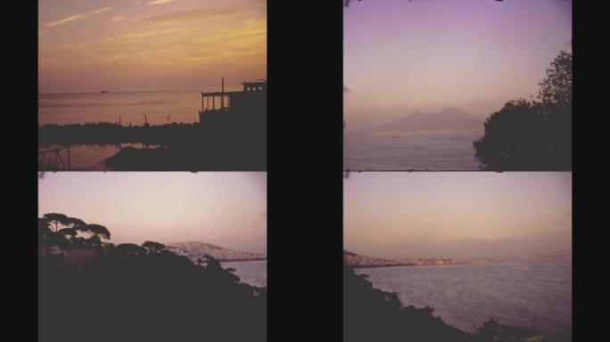意大利1971，壮丽的日落在那不勒斯海湾的海上