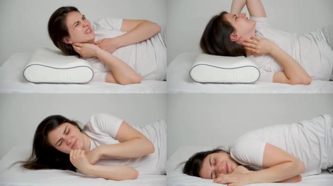 一个女人醒来时脖子酸痛，扔掉枕头，躺在肚子上睡觉