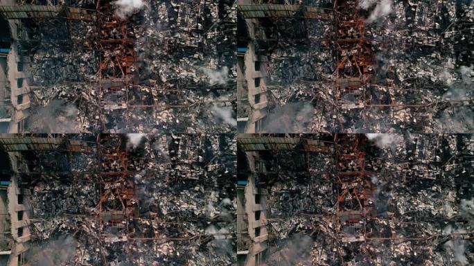 火灾后建筑物的空中俯视图被摧毁