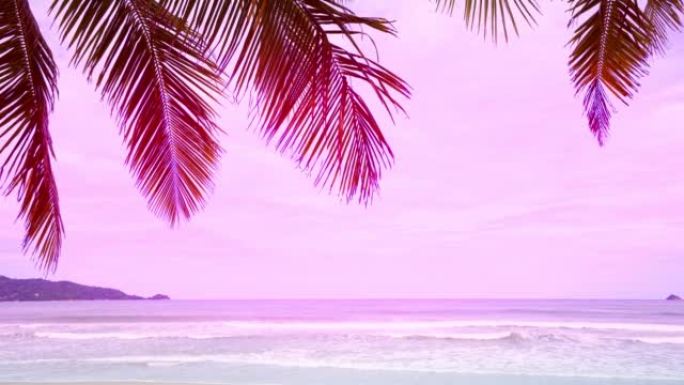 惊人的夏季海洋背景。海浪在粉红色的沙滩上破裂海浪撞击空旷的海滩。海浪和美丽的柔和色彩浪漫的沙滩渐变色