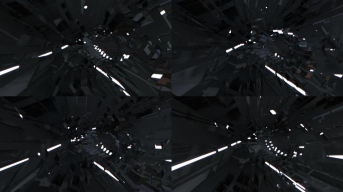 摘要黑暗hitech技术机械能涡流隧道无缝环路。黑白圆圈辉光能量隧道。4K 3D渲染科幻动画闪亮之光