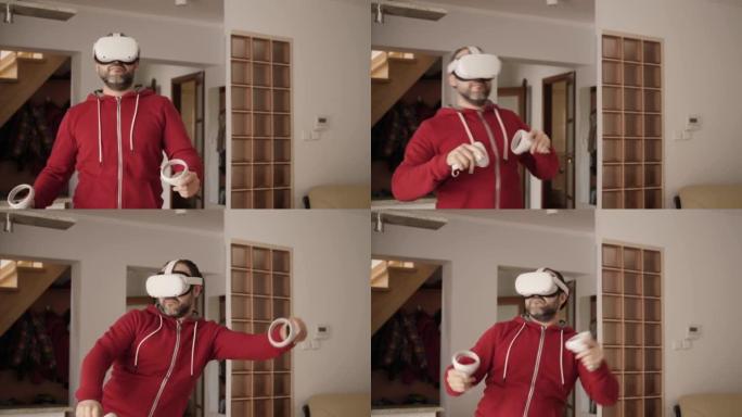 虚拟派对和舞蹈。观看VR舞蹈视频，玩VR音乐游戏。戴着虚拟现实耳机的男子拿着游戏控制器。男子在虚拟派