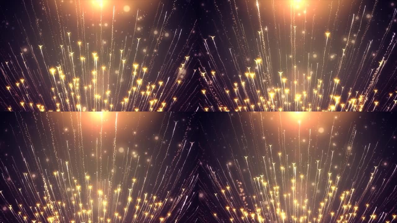 升起的三色光芒闪耀着黑色背景上的视频。新年和圣诞节魔术明星发光，烟火五彩纸屑闪闪发光。无缝循环。