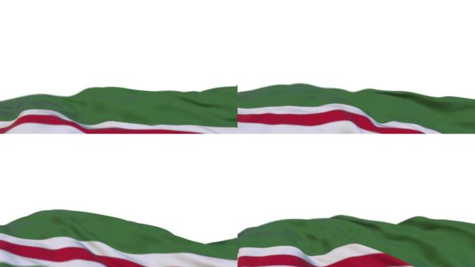 车臣共和国伊奇克里亚织物旗在风圈上挥舞。车臣共和国伊奇克里亚刺绣缝制布横幅在微风中摇曳。半填充白色背