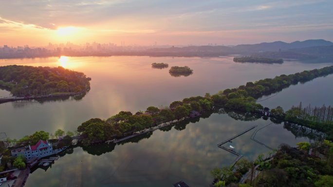 杭州西湖曲院风荷樱花日出大全景