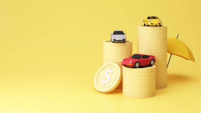 汽车 (汽车) 保险和碰撞损害豁免概念围绕金币与跑车模型和伞盾隔离在黄色柔和的背景。动画循环3d渲染