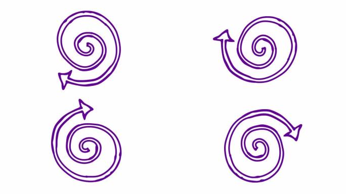 螺旋箭头旋转的动画图标。紫罗兰符号旋转。循环视频。手绘矢量插图孤立在白色背景上。