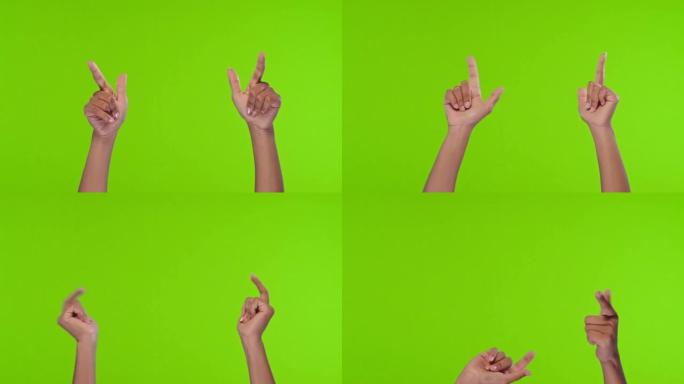 两只白人妇女举起的手在green studio上表现出有节奏的动作