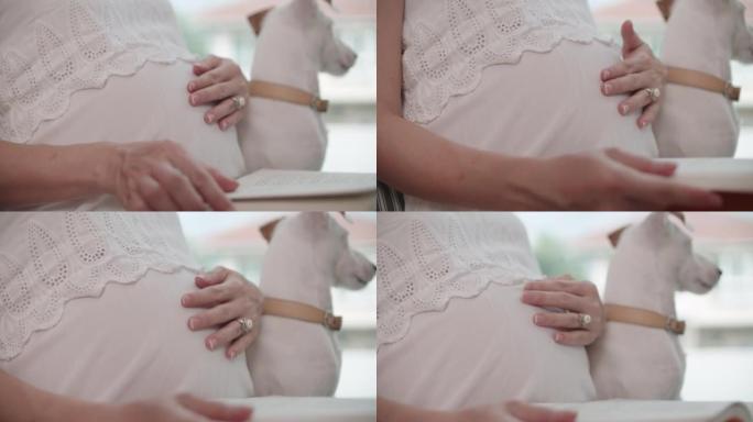 亚洲孕妇用手触摸和抚摸怀孕的肚子